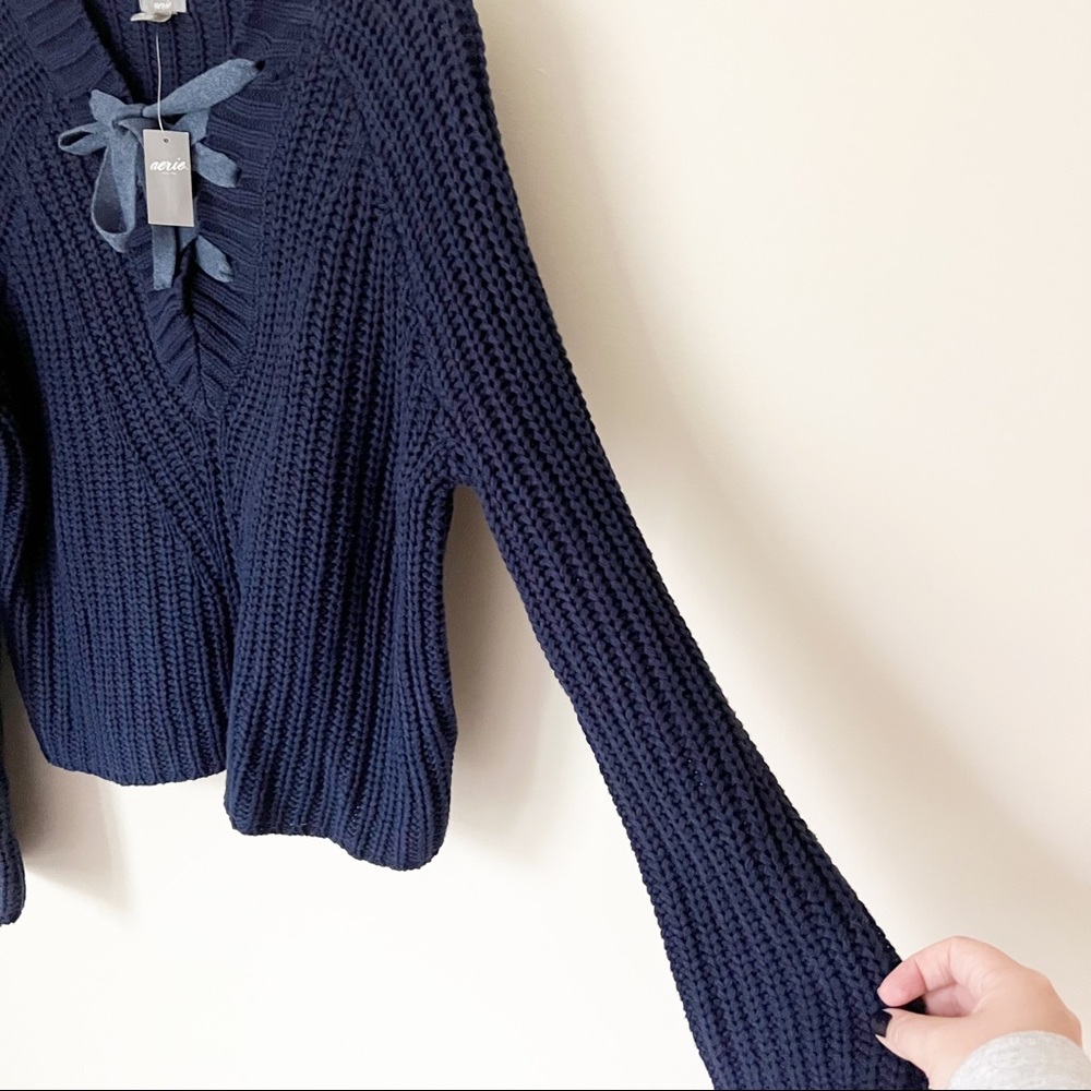 Aerie Chunky Lace Up Cable Knit Sweater Navy Blue XS NWT - Picture 3 of 7